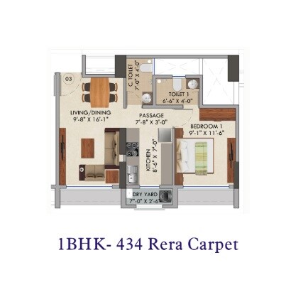 Floor plan of 1 BHK 434 Sq. Ft. Apartment in Kini Pinnacle, Palghar