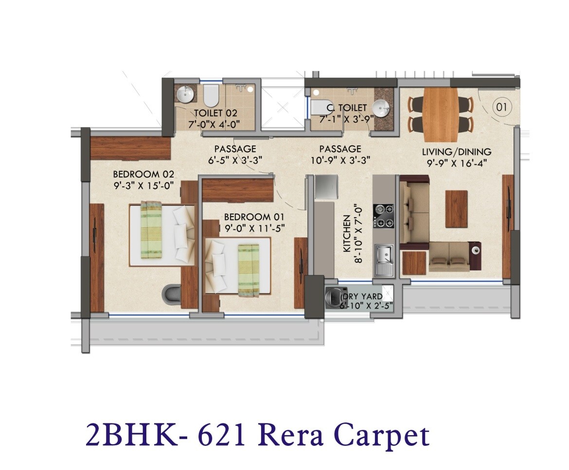 Floor plan of 2 BHK 621 Sq. Ft. Apartment in Kini Pinnacle, Palghar