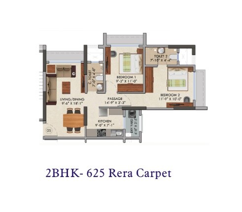 Floor plan of 2 BHK 625 Sq. Ft. Apartment in Kini Pinnacle, Palghar