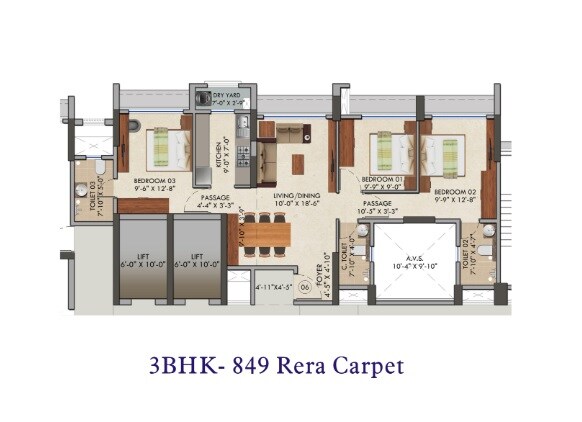 Floor plan of 3 BHK 849 Sq. Ft. Apartment in Kini Pinnacle, Palghar