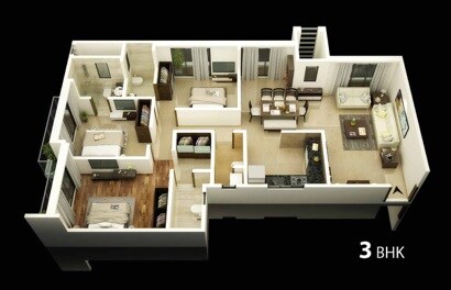 Floor plan of 3 BHK 1061 Sq. Ft. Apartment in KK Crescent Point, Palghar