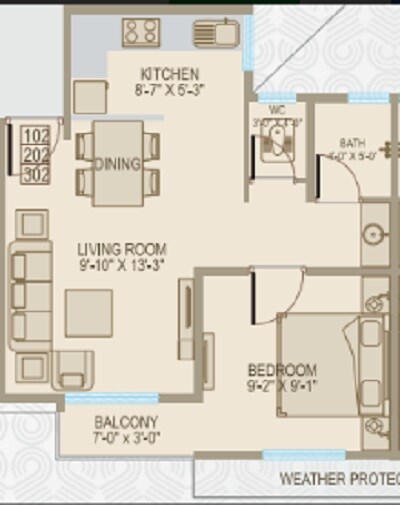 Floor plan of 1 BHK 371 Sq. Ft. Apartment in Kotak Golden Eye, Palghar
