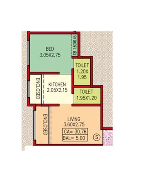 Floor plan of 1 BHK 331 Sq. Ft. Apartment in Krishna Parvati Homes, Palghar