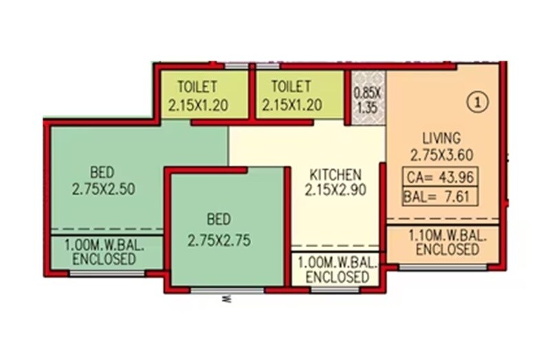 Floor plan of 2 BHK 473 Sq. Ft. Apartment in Krishna Parvati Homes, Palghar