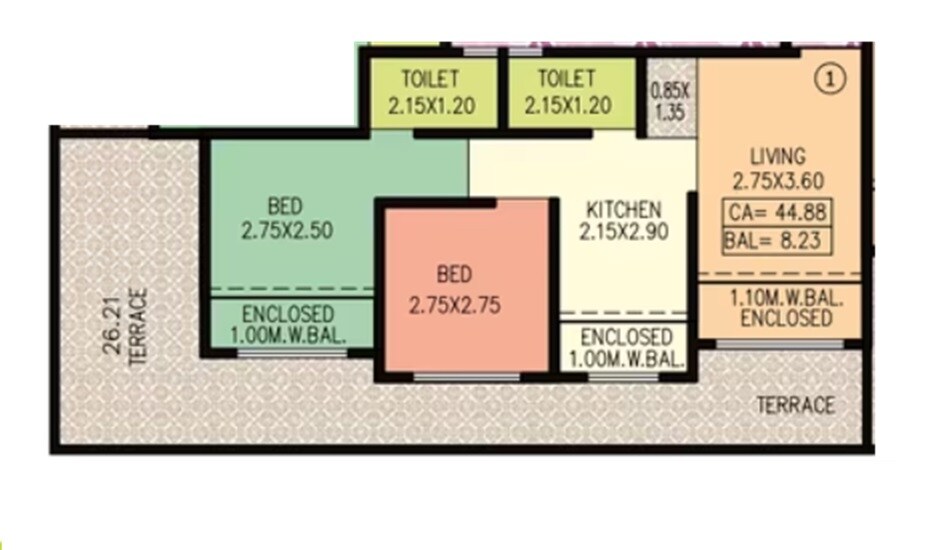 Floor plan of 2 BHK 483 Sq. Ft. Apartment in Krishna Parvati Homes, Palghar