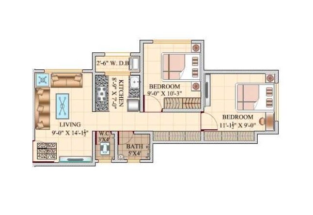 Floor plan of 2 BHK 455 Sq. Ft. Apartment in Krishnaraj Vrindavan Complex, Palghar