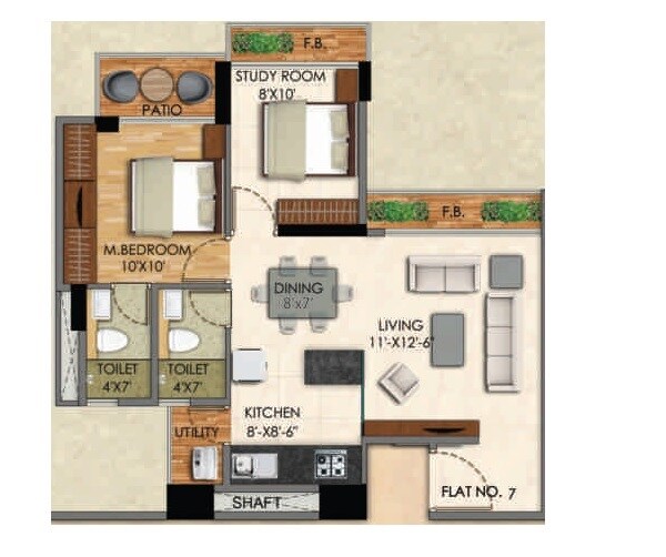 Floor plan of 2 BHK 491 Sq. Ft. Apartment in KT Vasai One, Palghar