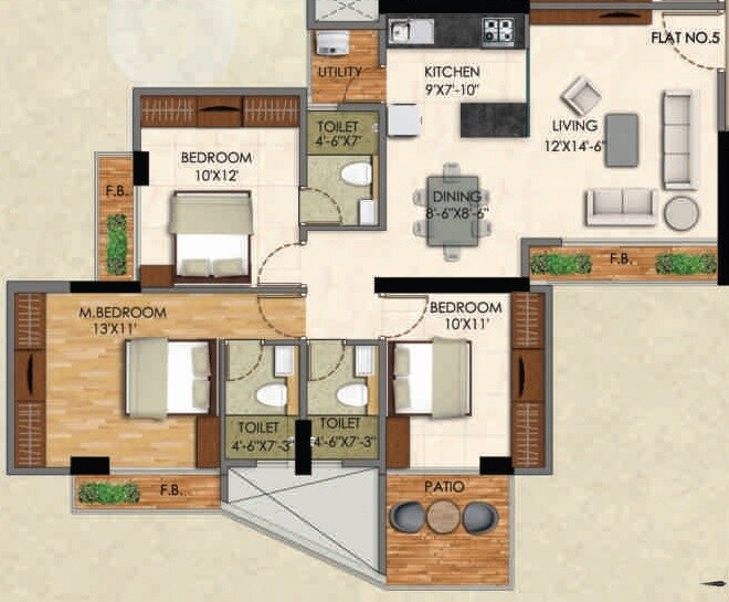 Floor plan of 3 BHK 825 Sq. Ft. Apartment in KT Vasai One, Palghar