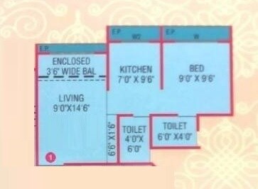 Floor plan of 1 BHK 361 Sq. Ft. Apartment in Laxmi Heights Virar, Palghar