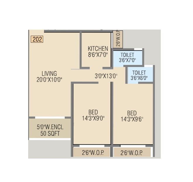 Floor plan of 2 BHK 767 Sq. Ft. Apartment in Laxmi Saptashrungi Heights, Palghar