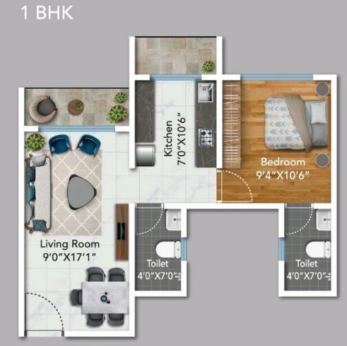 Floor plan of 1 BHK 388 Sq. Ft. Apartment in Level Up Rameshwar Arcade, Palghar