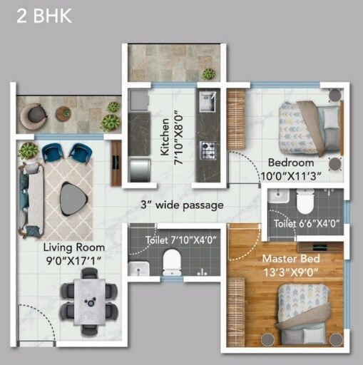 Floor plan of 2 BHK 490 Sq. Ft. Apartment in Level Up Rameshwar Arcade, Palghar