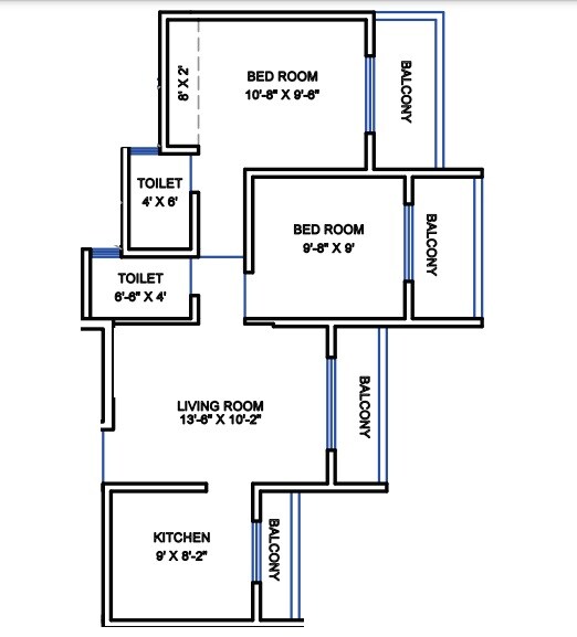 Floor plan of 2 BHK 597 Sq. Ft. Apartment in Lotus Hari Residency, Palghar