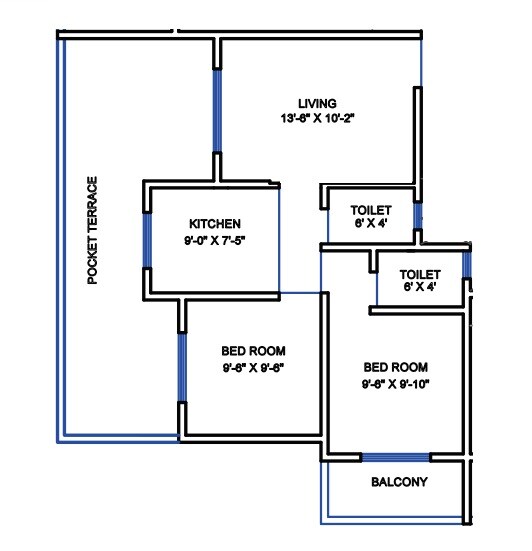 Floor plan of 2 BHK 773 Sq. Ft. Apartment in Lotus Hari Residency, Palghar