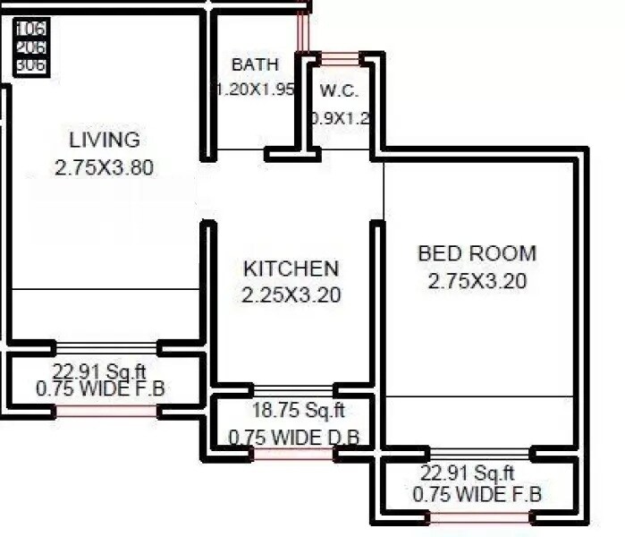 Floor plan of 1 BHK 347 Sq. Ft. Apartment in Lxmi Aakash Complex, Palghar