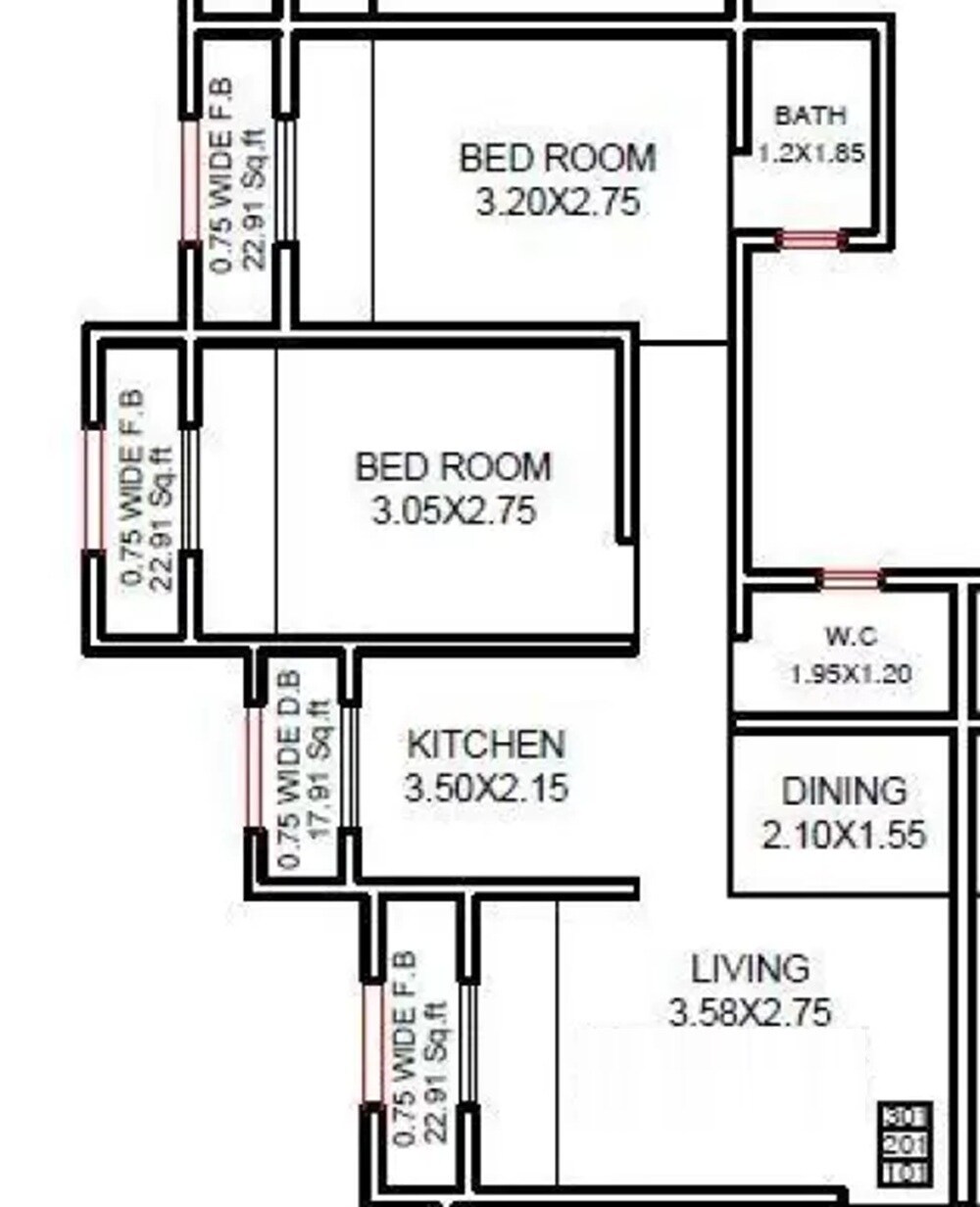 Floor plan of 2 BHK 527 Sq. Ft. Apartment in Lxmi Aakash Complex, Palghar