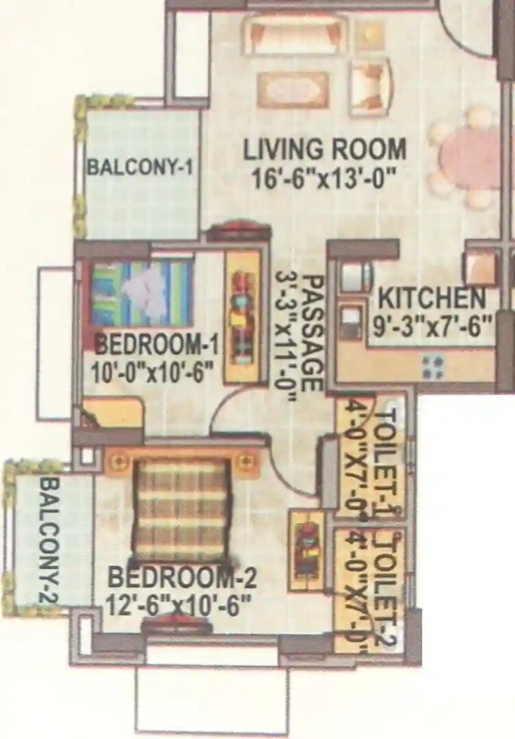 Floor plan of 2 BHK 1100 Sq. Ft. Apartment in M Baria Rose, Palghar