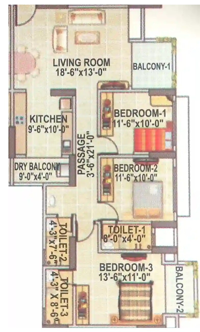Floor plan of 3 BHK 1650 Sq. Ft. Apartment in M Baria Rose, Palghar