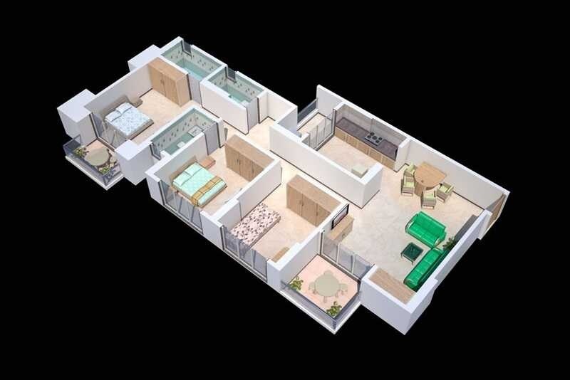 Floor plan of 3 BHK 1660 Sq. Ft. Apartment in M Baria Rose, Palghar