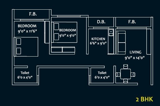 Floor plan of 2 BHK 418 Sq. Ft. Apartment in MAAD Yashvant Pride I, Palghar