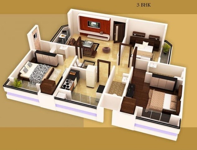 Floor plan of 3 BHK 829 Sq. Ft. Apartment in MAAD Yashwant Heights, Palghar