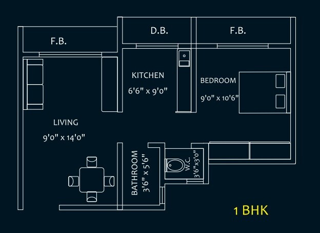 Floor plan of 1 BHK 540 Sq. Ft. Apartment in Maad Yashwant Pride-Kini Complex, Palghar