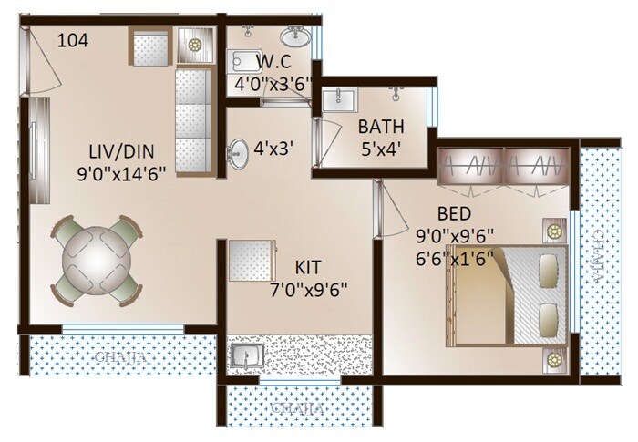 Floor plan of 1 BHK 307 Sq. Ft. Apartment in Magnus Vinayaka, Palghar