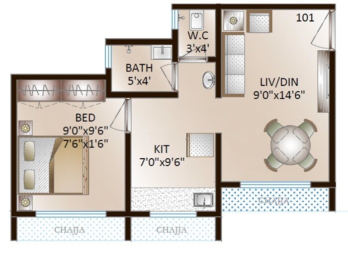 Floor plan of 1 BHK 334 Sq. Ft. Apartment in Magnus Vinayaka, Palghar