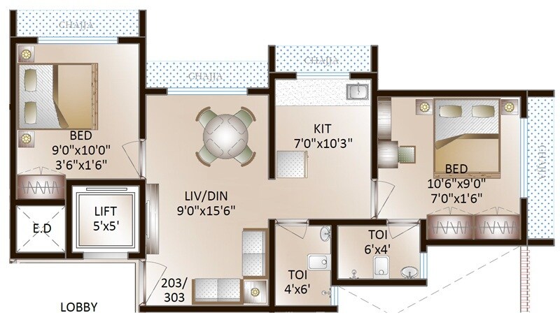 Floor plan of 2 BHK 431 Sq. Ft. Apartment in Magnus Vinayaka, Palghar