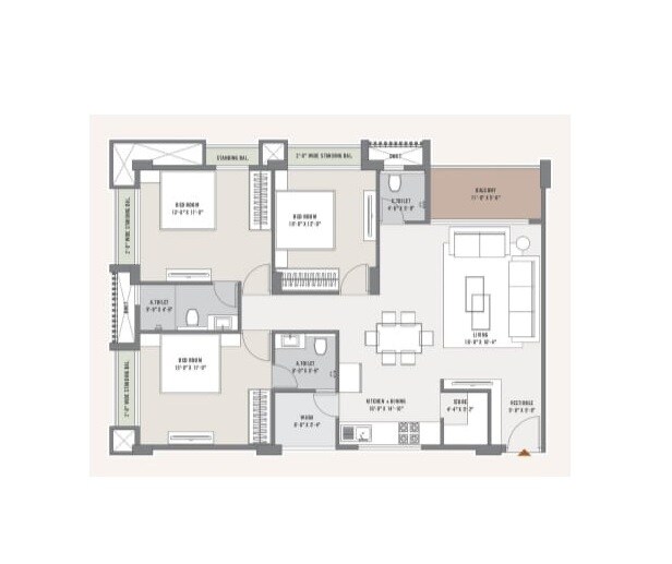 Floor plan of 3 BHK 1100 Sq. Ft. Apartment in Mahavir Soho Residency, Palghar