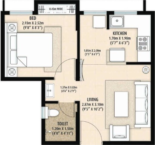 Floor plan of 1 BHK 317 Sq. Ft. Apartment in Mahindra Happinest Palghar 1, Palghar