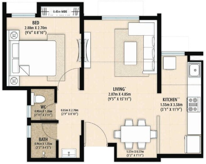 Floor plan of 1 BHK 328 Sq. Ft. Apartment in Mahindra Happinest Palghar 1, Palghar