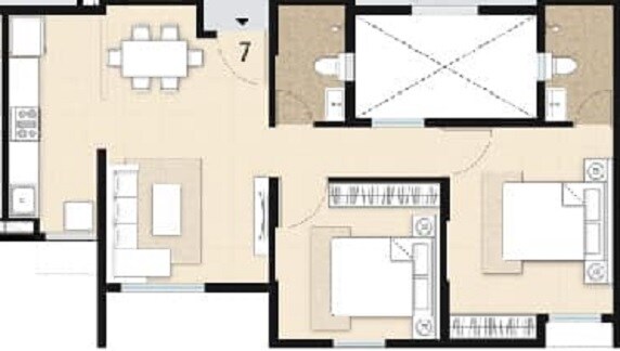 Floor plan of 2 BHK 515 Sq. Ft. Apartment in Mahindra Happinest Palghar 1, Palghar