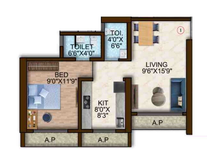 Floor plan of 1 BHK 505 Sq. Ft. Apartment in Majesty Olympus Towers, Palghar