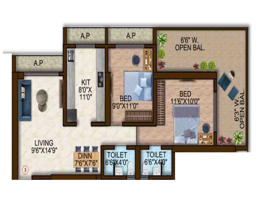 Floor plan of 2 BHK 686 Sq. Ft. Apartment in Majesty Olympus Towers, Palghar