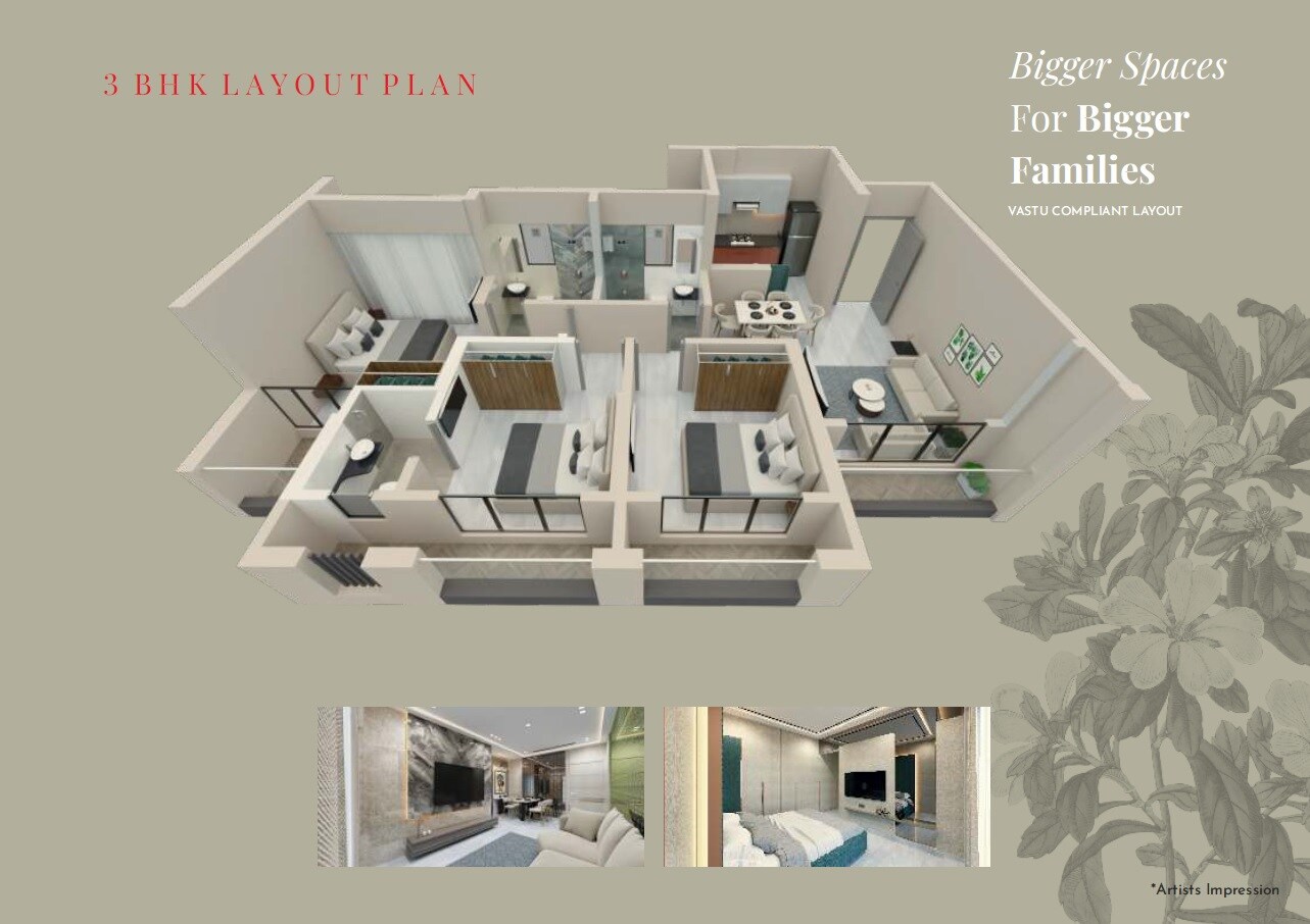 Floor plan of 3 BHK 641 Sq. Ft. Apartment in Manav Blossom, Palghar