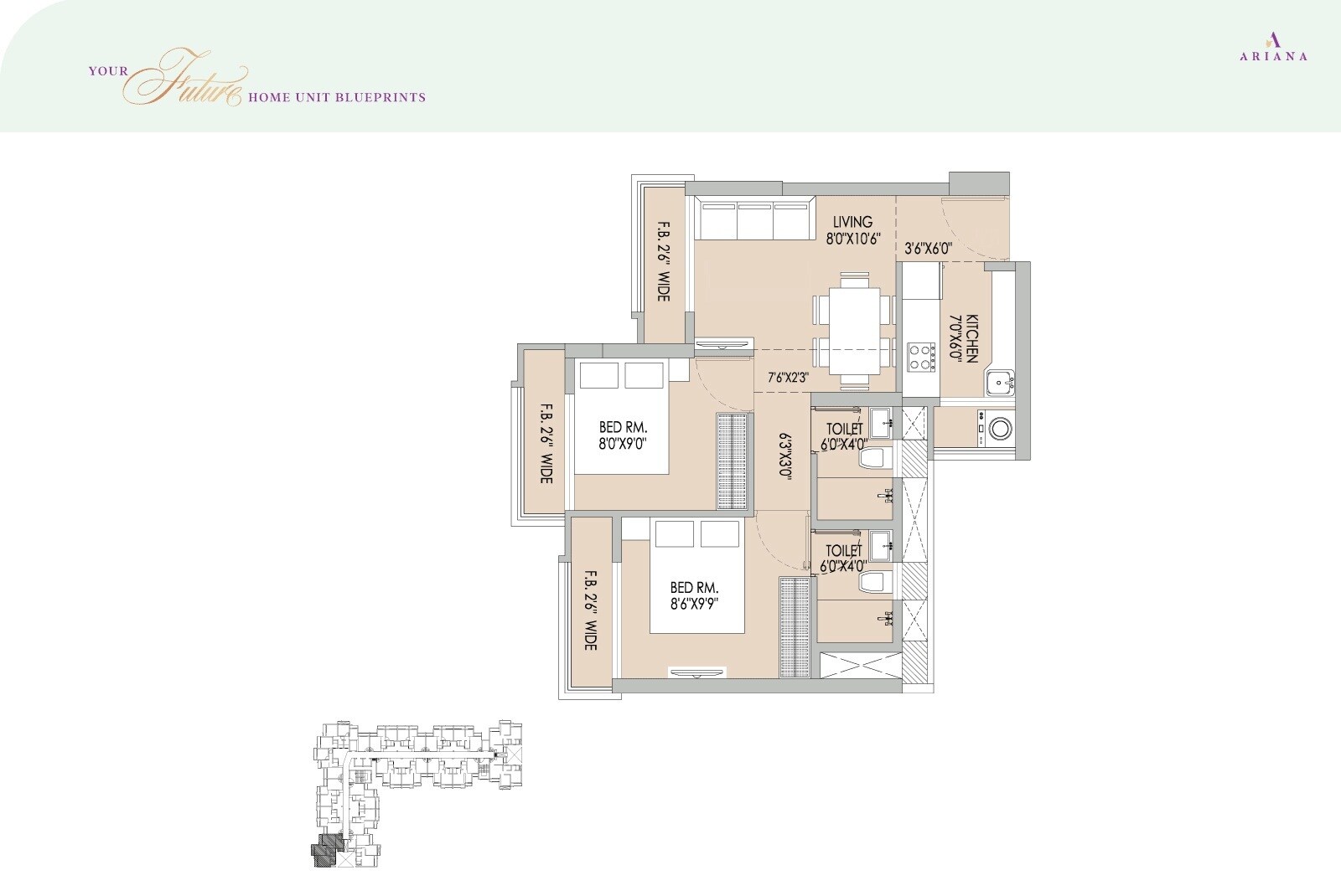 Floor plan of 2 BHK 413 Sq. Ft. Apartment in Mansarovar Ariana, Palghar