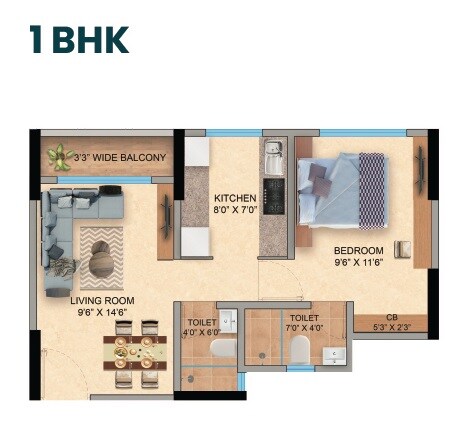 Floor plan of 2 BHK 501 Sq. Ft. Apartment in Mansarovar Pearl Gardens, Palghar