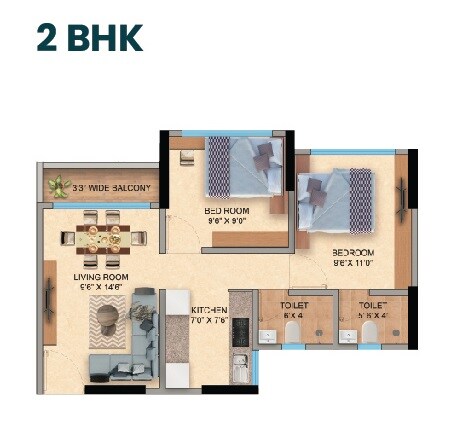 Floor plan of 2 BHK 605 Sq. Ft. Apartment in Mansarovar Pearl Gardens, Palghar