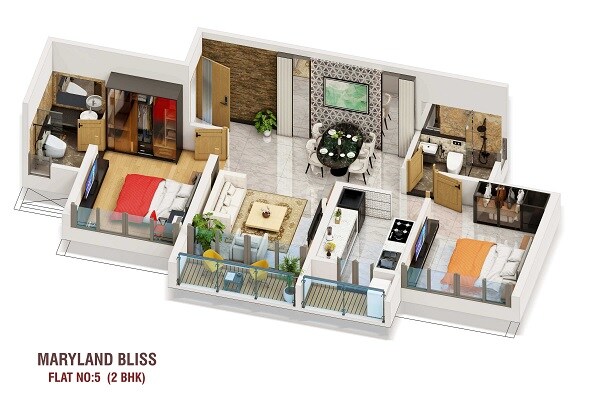 Floor plan of 2 BHK 683 Sq. Ft. Apartment in Maryland Bliss, Palghar