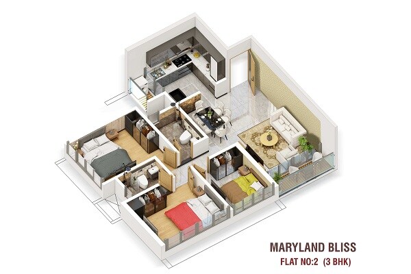 Floor plan of 3 BHK 849 Sq. Ft. Apartment in Maryland Bliss, Palghar