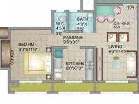 Floor plan of 1 BHK 389 Sq. Ft. Apartment in Mayfair Housing Primrose, Palghar