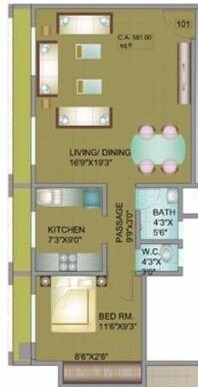 Floor plan of 1 BHK 441 Sq. Ft. Apartment in Mayfair Housing Primrose, Palghar