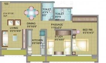 Floor plan of 2 BHK 560 Sq. Ft. Apartment in Mayfair Housing Primrose, Palghar