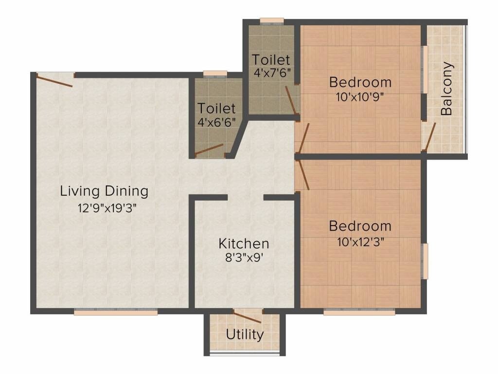Floor plan of 2 BHK 840 Sq. Ft. Apartment in Mayuresh Bhakti Park, Palghar
