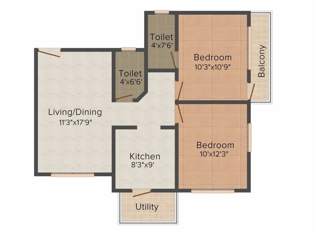 Floor plan of 2 BHK 960 Sq. Ft. Apartment in Mayuresh Bhakti Park, Palghar