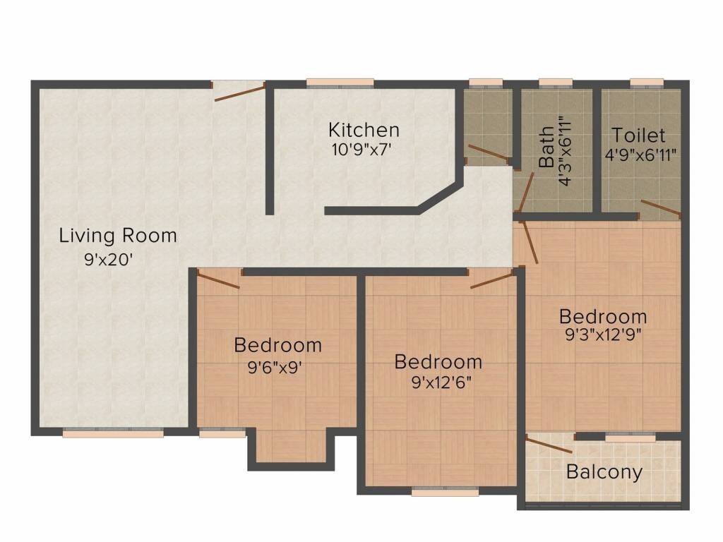 Floor plan of 3 BHK 1050 Sq. Ft. Apartment in Mayuresh Bhakti Park, Palghar
