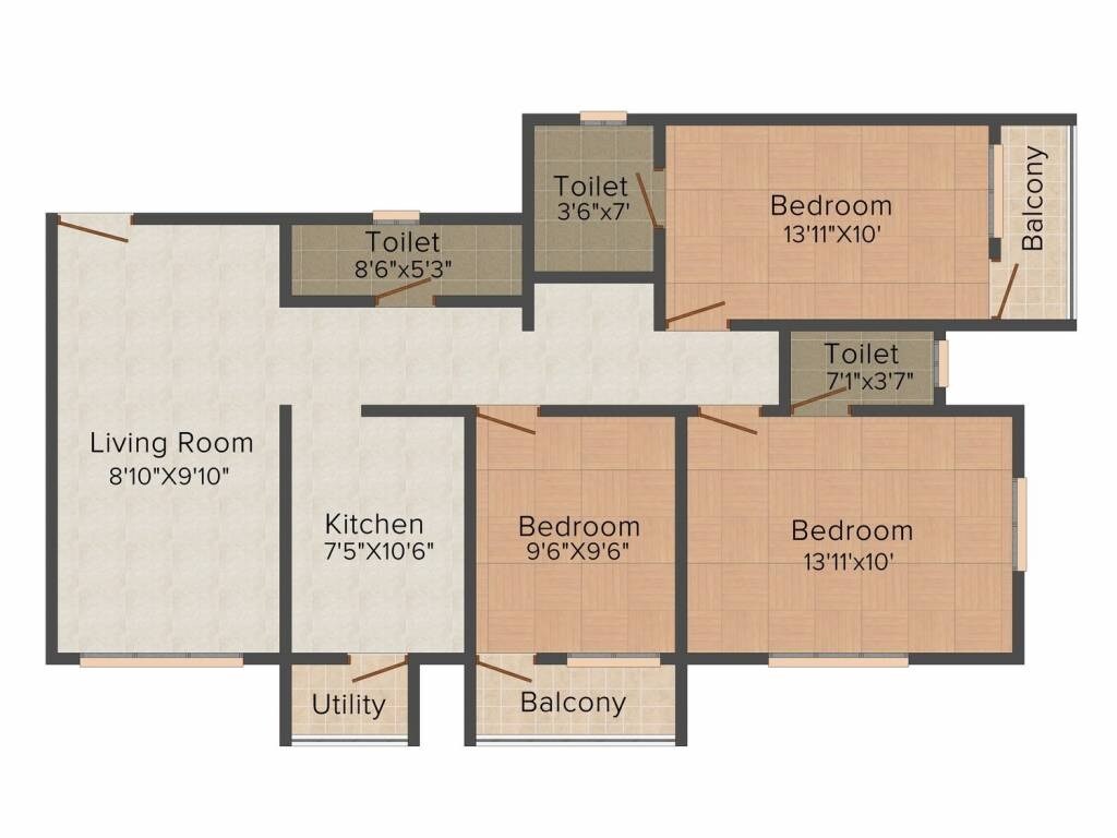Floor plan of 3 BHK 1395 Sq. Ft. Apartment in Mayuresh Bhakti Park, Palghar
