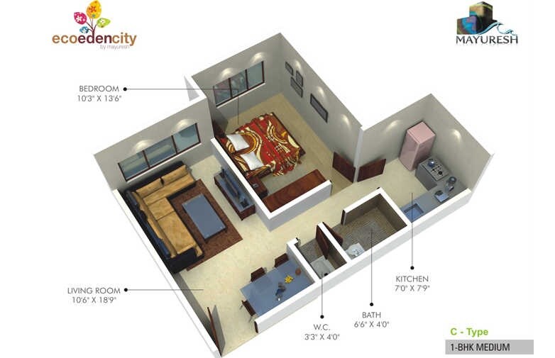 Floor plan of 1 BHK 630 Sq. Ft. Apartment in Mayuresh Eco Eden City, Palghar