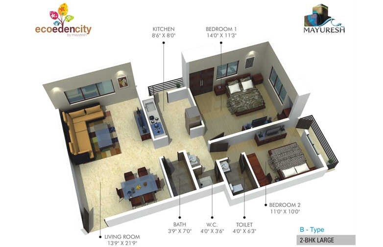 Floor plan of 2 BHK 960 Sq. Ft. Apartment in Mayuresh Eco Eden City, Palghar